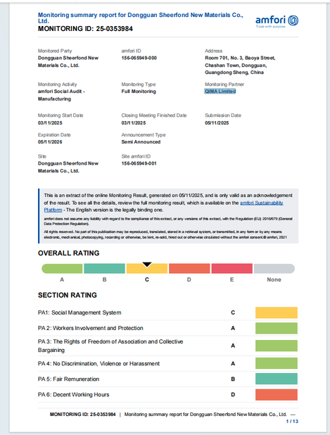 चीन Dongguan Sheerfond New Materials Co., Ltd. प्रमाणपत्र