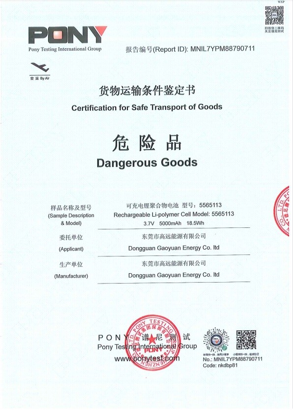 चीन Dongguan Gaoyuan Energy Co., Ltd प्रमाणपत्र