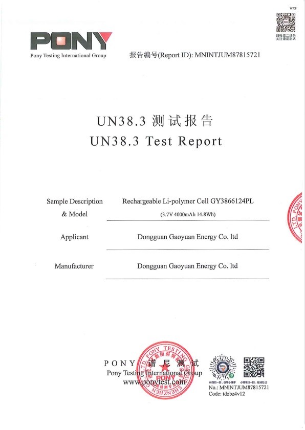 चीन Dongguan Gaoyuan Energy Co., Ltd प्रमाणपत्र